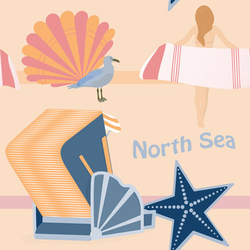 Pattern background. Seamless pattern of North Sea with shells, girl, sea gull and roofed wicker beach chair and in trendy pastel color tones. Text : North Sea