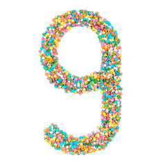 English alphabet letters, numerals and symbols made of little candies