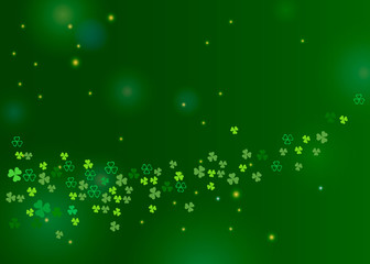 Beautiful clover shamrock leaves background for St. Patrick's day design or greeting card. Vector horizontal illustration with clover and sparkles on green backdrop