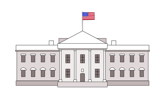 Washington DC White House building outline simple icon with USA flag on it. Vector american landmark architecture politic placard illustration