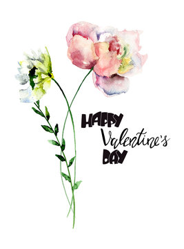 Stylized Gerber and Peony flowers with title Happy Valentine’s day