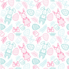 Fototapeta na wymiar Decorative vector pattern for a holiday Easter. Rabbits girl and boy, eggs, garland, cake, twigs, bow and other elements for design.