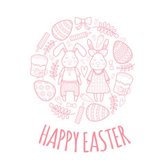 Decorative vector set for a holiday Easter. Rabbits girl and boy, eggs, garland, cake, twigs, bow and other elements for design.