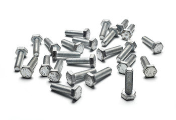 A group of bolts closeup on white background isolated