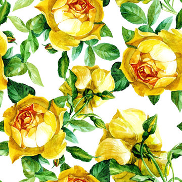 Floral, yellow roses, seamless pattern painted in watercolor.