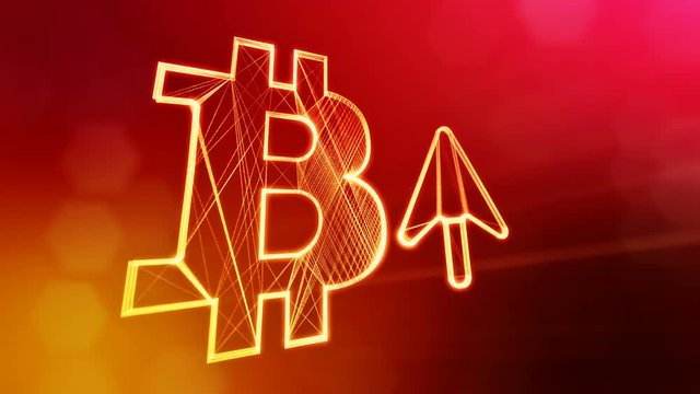 bitcoin icon and the up arrow icon. Financial background made of glow particles as vitrtual hologram. Shiny 3D loop animation with depth of field, bokeh and copy space. . Red background v1