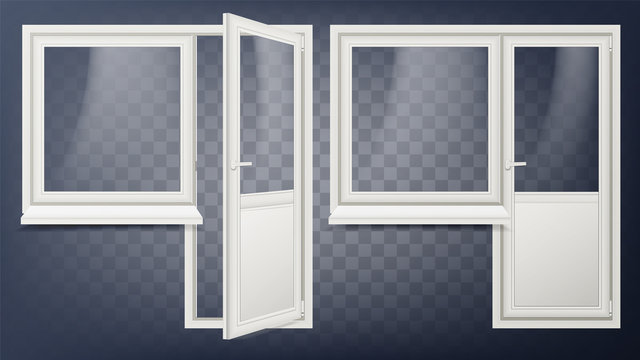 Plastic Door Vector. Home Interior Door And Window. Opened And Closed. Plastic Glass Door. Energy Saving. Isolated Illustration