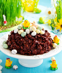 Traditional Easter cake of chocolate with chocolate eggs.