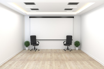 Board room - empty office concept , business interior with chairs and plants and wooden floor on white wall empty. 3D rendering