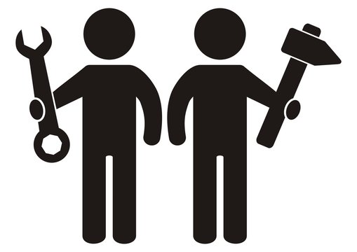 Two figures with tool, hammer and wrench, black silhouette of men, vector icon