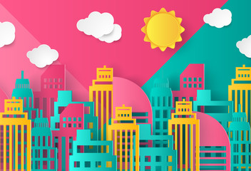 Beautiful cityscape paper art style vector illustration