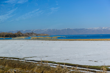 Fabulous view of Hayravank monastery and lake Sevan, Armenia