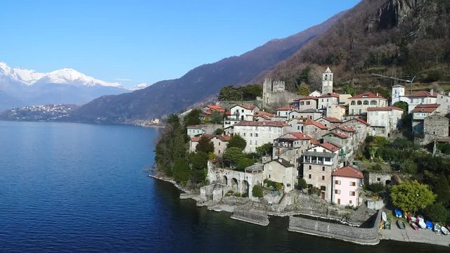 Village of Corenno Plinio. Lake of Como in Italy. Panoramic view from drone