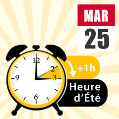 Dimanche 25 mars 2018. Passage à l'heure d'été. Changement d'heure. illustration vectorielle avec date sur calendrier. Tons jaunes.