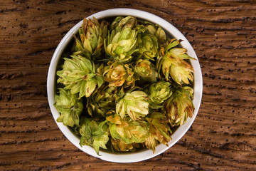 Beer brewing ingredients Hop cones in white bowl on wooden background. Beer brewery concept.