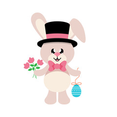 Fototapeta premium cartoon easter bunny with tie and hat and with easter egg and flowers
