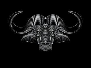 Graphic print of stylized silver buffalo on black background. Linear drawing.