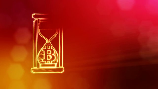 Sign of bitcoin in hourglass. Financial background made of glow particles as vitrtual hologram. Shiny 3D loop animation with depth of field, bokeh and copy space.. Red background v1
