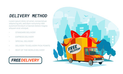 Free delivery template. Delivery truck with gift box, parcel. Delivery service Shipping by car or truck. Flat style design truck on Urban landscape. Blue city silhouette background