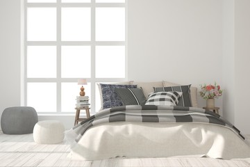 Idea of white minimalist bedroom. Scandinavian interior design. 3D illustration