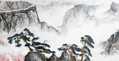 Pine and flowering plum in the mountains