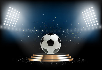 Naklejka premium Round podium with soccer ball. Football pedestal for award ceremony. Platform illuminated by spotlights. Vector illustration