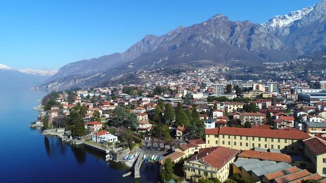 Mandello del Lario near city of Lecco. Lake of Como in Italy, aerial view