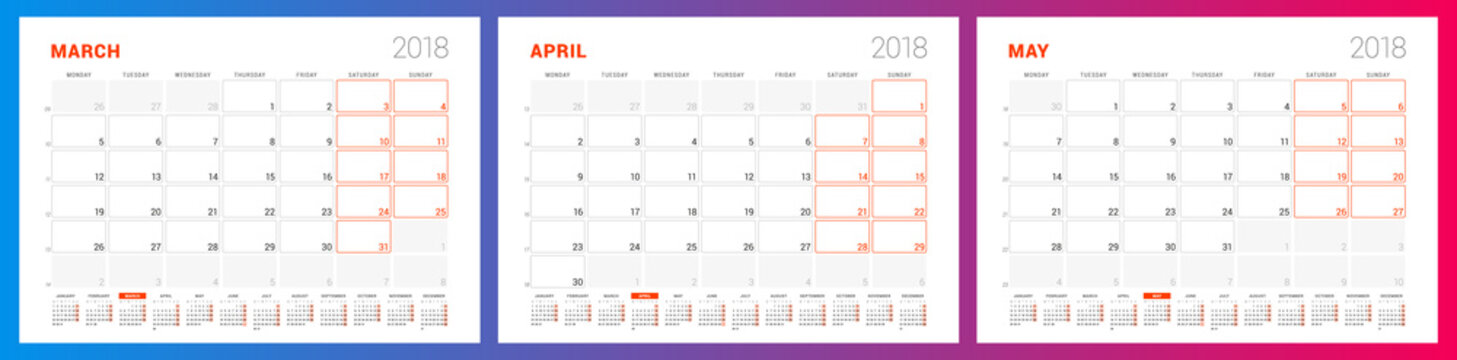 Calendar planner template for spring 2018. March, April, May. Design print vector template