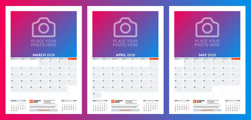 Calendar planner template for spring 2018. March, April, May. Design print vector template