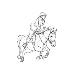 Fototapeta na wymiar Female rider - jumping horse outline black and white