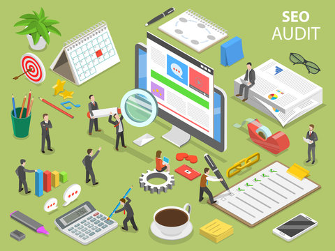 Seo audit flat isometric vector concept. People surrounded by the corresponding attributes are auditing the web site on the computer monitor.
