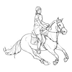 Obraz na płótnie Canvas Female rider - jumping horse outline black and white