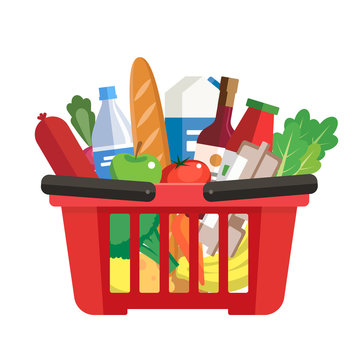 Grocery basket - a shopping basket with different foods and beverages. Vector illustration in flat style, design template