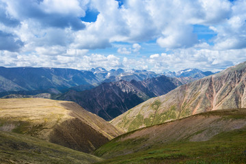 Summer Landscape of Eastern Sayan Mountains, scenic view with cloudy sky. Russia, Siberia.