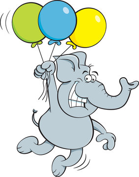 Cartoon illustration of an elephant holding balloons.