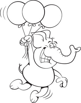 Black and white illustration of an elephant holding balloons.