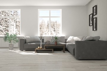 White room with sofa and winter landscape in window. Scandinavian interior design. 3D illustration