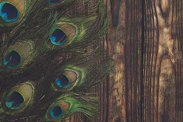 Cercles muraux Paon Des plumes de paon décorent une planche en bois marron foncé verticalement