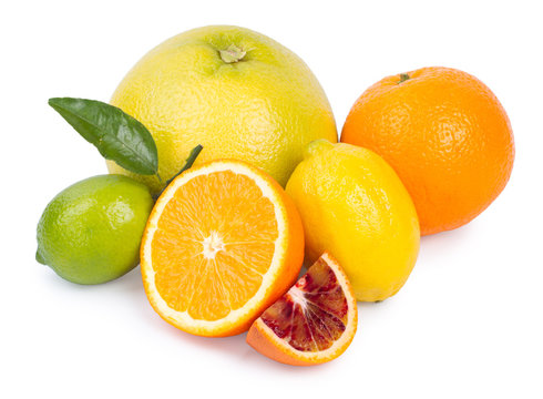 Isolated citrus fruits. Grapefruit, orange, lemon, lime  and tangerine isolated on white