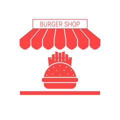 Burger Shop, Fast Food Restaurant Single Flat Icon. Striped Awning and Signboard