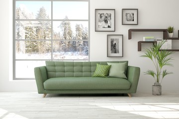 White room with sofa and winter landscape in window. Scandinavian interior design. 3D illustration