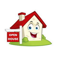 Vector illustration of a funny house with a open house sign