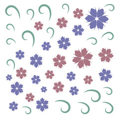 light blue and pink flowers with green thin curls