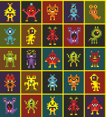 Geometric designed endless wallpaper with cute pixel monsters.