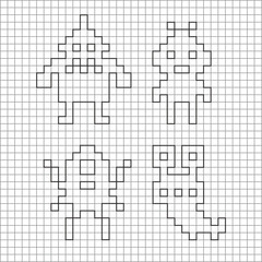 Ink silhouette of pixel monsters.