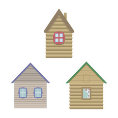 vector brown light cute wooden houses with windows and multi-colored roofs