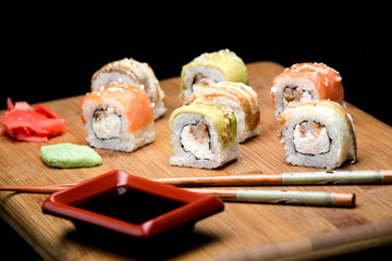 Rainbow Sushi Roll with salmon and shrimps