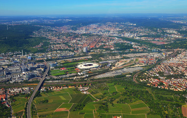 Stuttgart - June 11, 2017: Closer Aerial view of Stuttgart area and soccer stadium, south germany on a sunny summer day