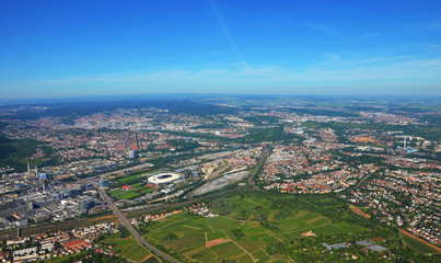 Stuttgart - June 11, 2017: Closer Aerial view of Stuttgart area and soccer stadium, south germany on a sunny summer day