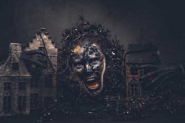 Make-up and horror concept. Abandoned city, absorbed by decompos